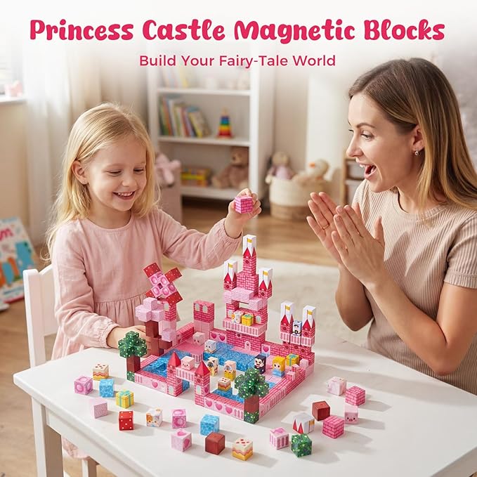 3 otters Magnetic Blocks 150PCS, Princess Castle Magnet Cubes STEM Montessori Building Toys for Girls, Sensory Gifts for Kids Birthday