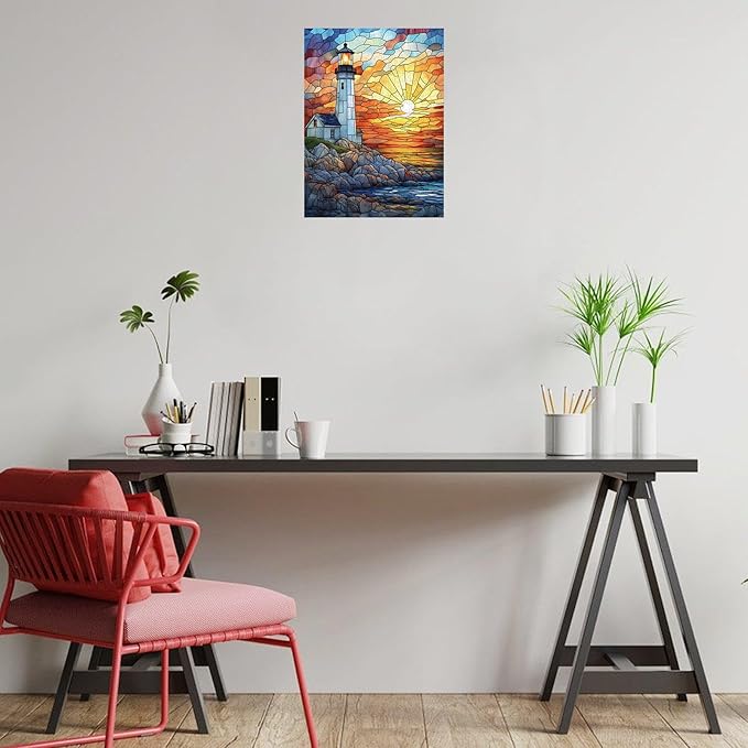 Great Jigsaw Puzzles for Adults 500 Pieces Stained Glass Lighthouse Wooden Challenging Puzzles Gift for Friends Family Home Decoration Puzzle