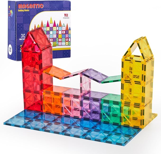 Ryoichi Magnetic Tile,32-Pack Square Magnetic Tiles Refill, 2.95in STEM Building Blocks for Kids, Expandable Educational Construction Toy Set