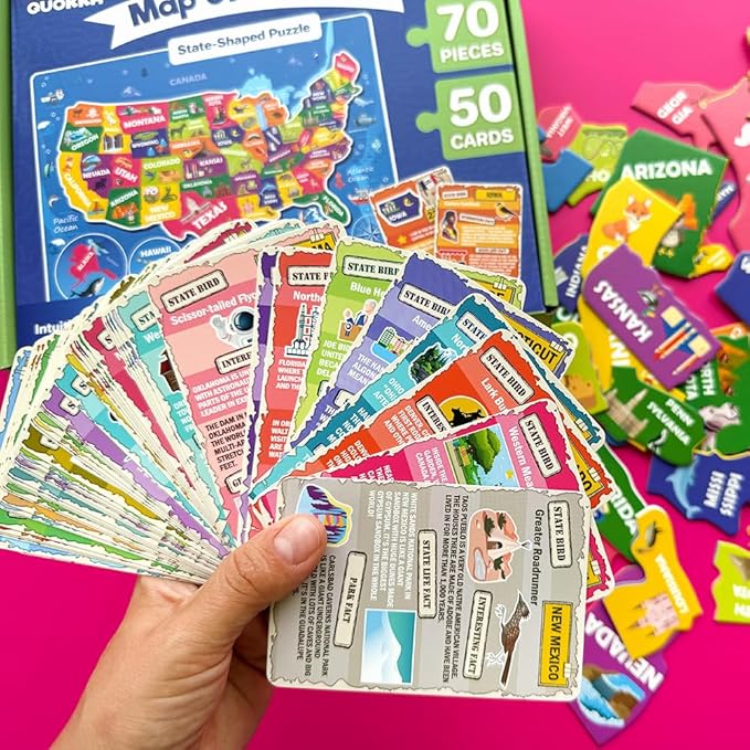 United States Puzzles for Kids Ages 4-6 - 70 Pcs USA Map Kids Puzzle with 50 Cards 400+ USA Facts - State & Capitals Floor Jigsaw Puzzles for Children 6-8 - Educational Toys Gift for Boys Girls