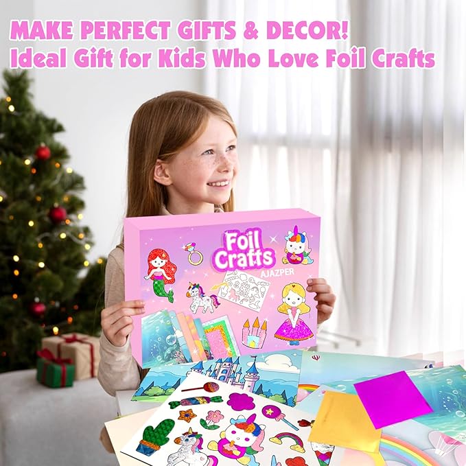 AJAZPER Foil Crafts for Kids, Arts Kit for Kids, Art & Craft Supplies Kits, DIY Creative Activity Travel Toy Gift, Ideal Birthday Christmas Party Favor Gifts for Girls Boys Ages 4+ (Pink)