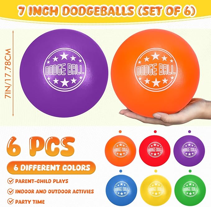 Jerify 6 Pcs Foam Dodgeball Set 7 Inch Soft Skin Playground Dodgeballs Bulk, Low Density Foam for Non Sting Dodgeball Sports Equipment for Kids and Adults