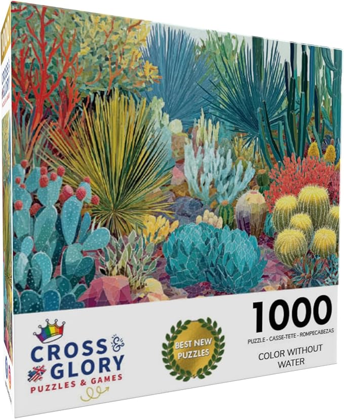 Cross & Glory - Color Without Water - 1000 Piece Jigsaw Puzzle for Adults | Modern Cactus & Succulent Garden Art | Abstract, Design-Forward Nature Puzzle