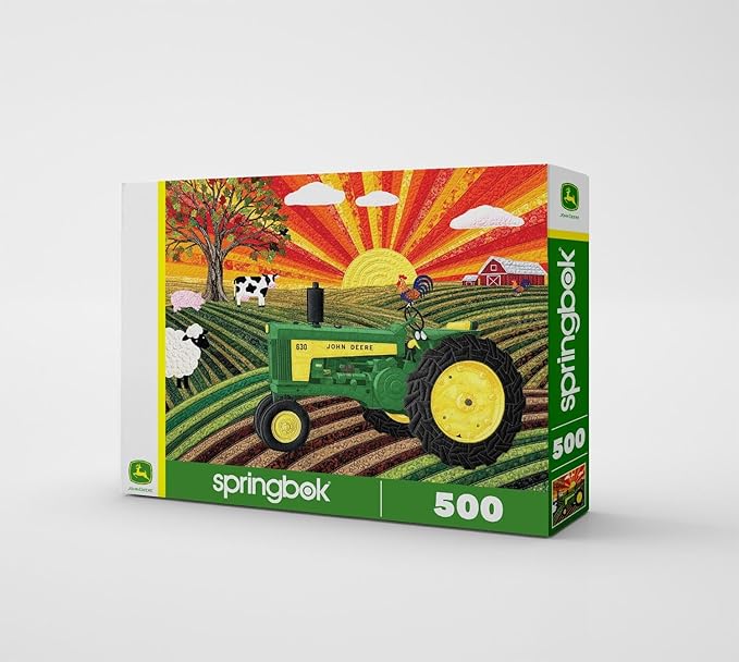 Springbok Sunny Pastures 500 Piece Jigsaw Puzzle for Adults – Poster Now INCULDED - John Deere Tractor – Unique Cut Pieces – Made in USA