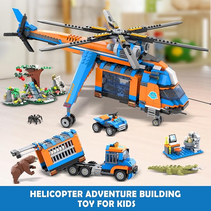 City Jungle Adventurer Helicopter Building Toys - 1356PCS Forest Truck Adventure Building Set with Car Crocodile Brown Bear Wildlife Rescue Blocks Playset Easter Gift for Kids Boys 6+