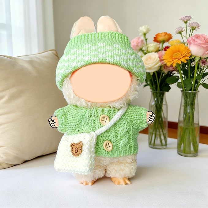 17cm Doll Clothes Set for Lububu, Designer Hand-Crocheted Green Sweater Outfit with Hat & Backpack，Cute Ropa Clothing and Accessories for 15cm Have a Seat Series Dolls Display and Dress-Up