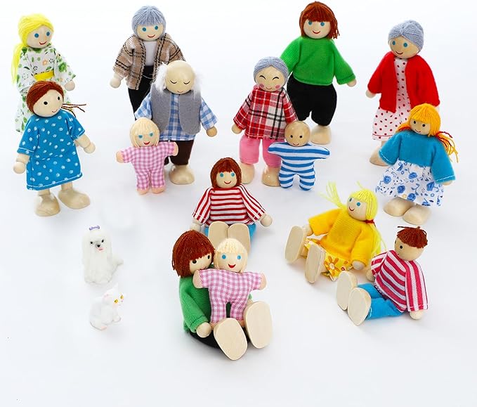 ONEST 20 Pieces Wooden Dollhouse Family Set Mini People Figures Dog Cat Sets Dollhouse Dolls Wooden Doll Family Pretend Play Figures Accessories for Pretend Dollhouse Toy
