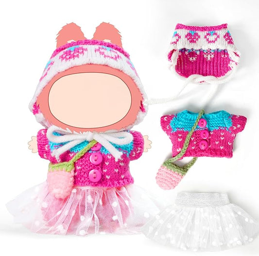 17cm Doll Clothes-Crochet Outfit Accessories Set for 5.91-6.7inch -Crocheted Hat+Pink Strawberry Sweater+White Dress+Bag(NO Doll)