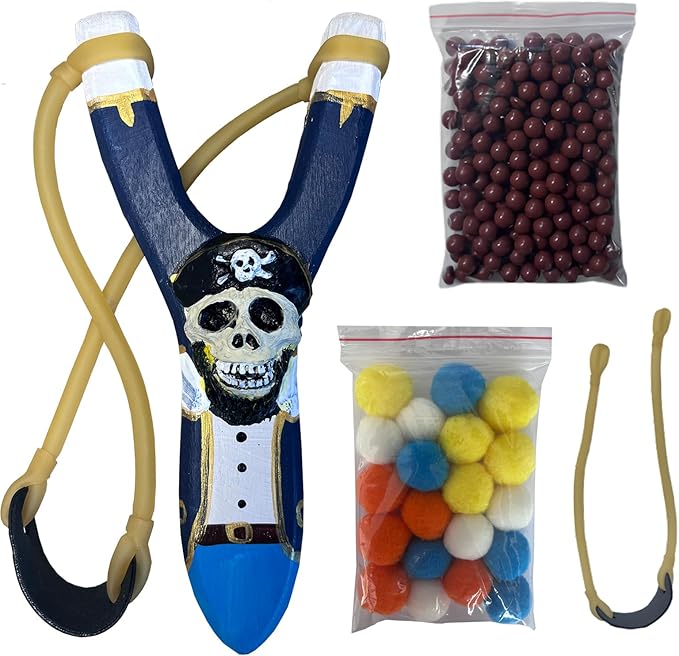 LINJAY Wooden Slingshot for Kids – Handmade Pirate Skull Toy with Extra Bands, Clay Balls & Soft Pom Poms for Outdoor Fun