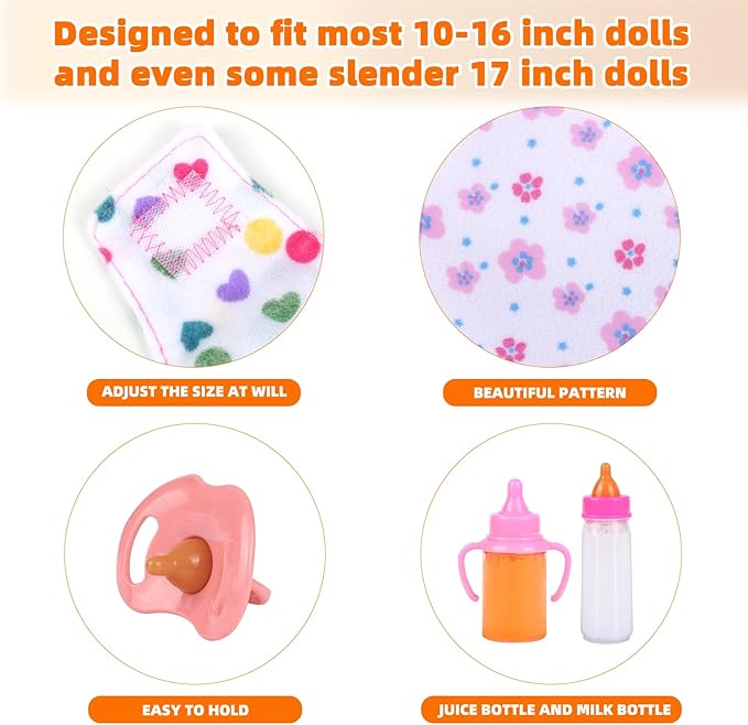 CARANOVO Baby Doll Accessories Set – 7 Pcs Feeding and Caring Set with Magic Disappearing Bottles, Pacifier, Diapers and Bibs Doll Pretend Play Gift for Kids