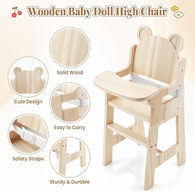 BABESIDE Wooden Baby Doll High Chair Set for 15-20 Inch Dolls Furniture, Babydoll High Chair with Adjustable Tray, Safe Straps and Baby Doll Accessories for Kids Pretend Play Toys