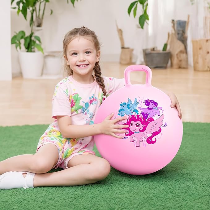 INPODAK Hopper Ball, Unicorn Bouncy Ball with Handle for Kids, 18 Inch Hippity Hop Jumping Bouncer, Pink Hopping Toy for Boys and Girls Ages 3-6 with Pump and Gift Box for Birthday