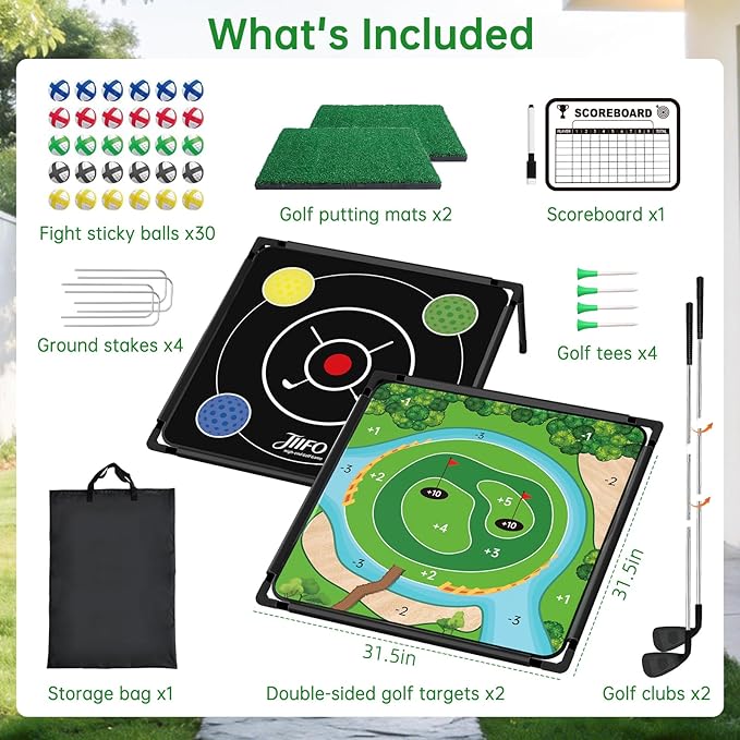 Golf Chipping Game Set Double-Sided, (2 Pack) Golf Practice Target Mat with 30 Sticky Balls & 2 Golf Clubs- Portable Indoor-Outdoor Chipping Golf Gift for Men, Women & Family