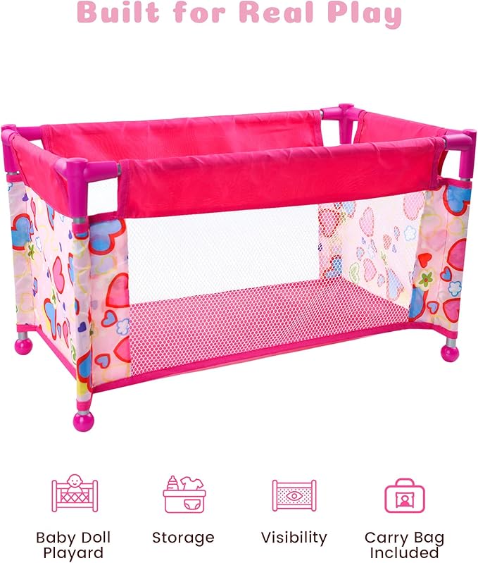 BABESIDE Baby Doll Crib for 18" Reborn Dolls,Baby Doll Bed with Storage Bag, Reborn Babydolls Accessories for Age 3+,Doll Crib Playpen for Kids Age 3+,Pink