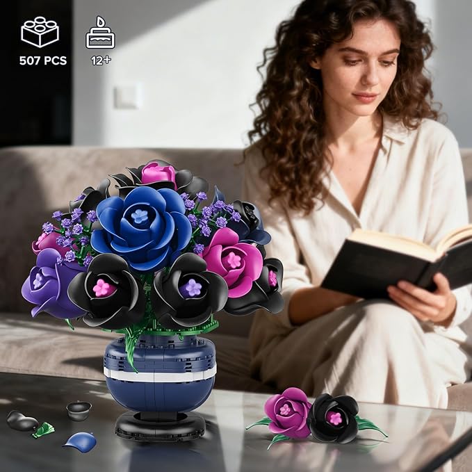 Flowers Botanicals Building Set - Artificial Purple Black Rose Bonsai Plant for Home Decor, 507PCS Artificial Flowers Building Set Indoor Gothic Decoration, Easter Birthday Gifts for Adults