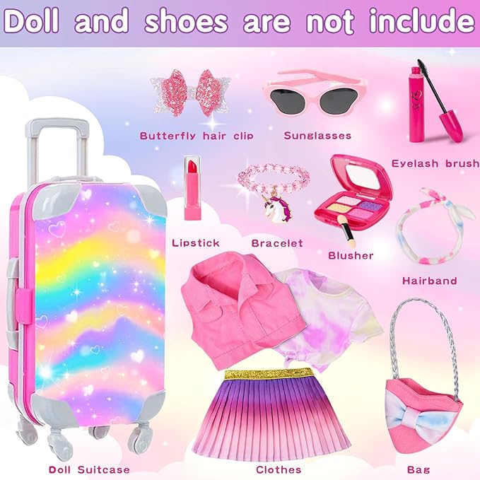 18 Inch Girl Doll Makeup Accessories Set and Clothes, Fit 18 inch Dolls, Suitcase Clothes Bag Hairband Eyeshadow Mascara Brush Lipstick Bracelet Sunglasses Hair Clips (Dolls and Shoes Not Included)