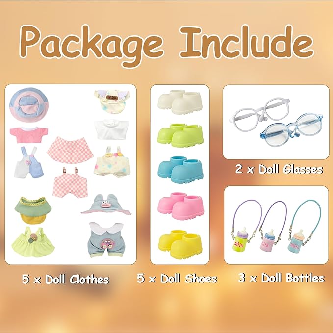 Ezcora Macaron Style Doll Clothes Set for 17cm Dolls, Include 5 Outfits with Hats, Shoes, Glasses and Mini Bags, Cute Dress Up Outfit for Doll Display, (No Dolls) (Macaron Style)