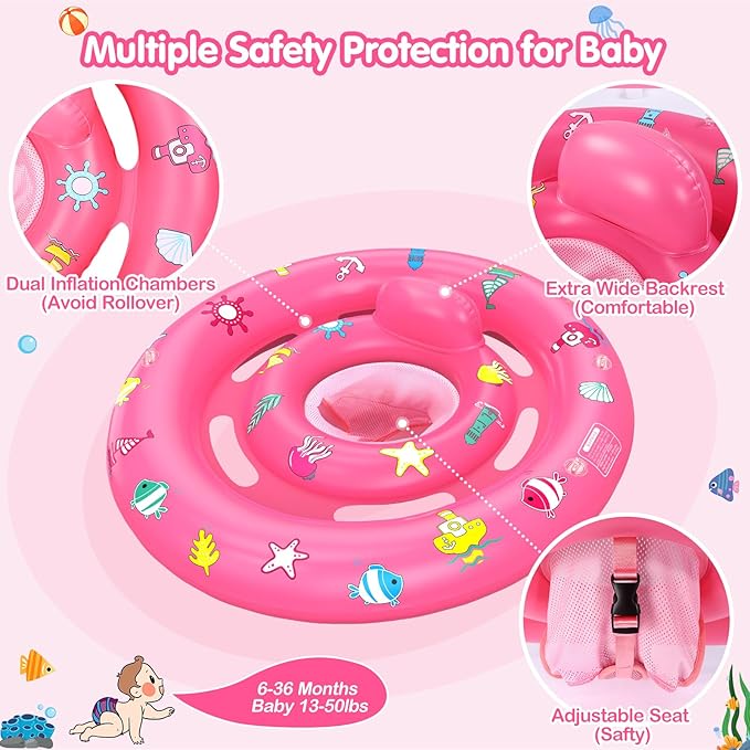 Baby Pool Float with Canopy, Inflatable Baby Swim Float with UPF50+ Sun Protection, Toddler Infant Pool Float with Toy Play Console Adjustable Safety Seat for Kids Girls Boys Aged 6-36 Months, Pink