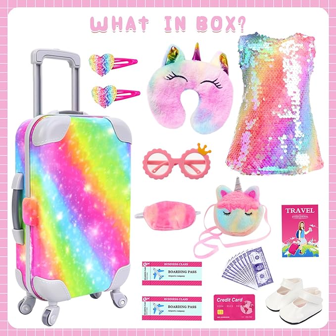 K.T. Fancy 23 Pcs American 18 Inch Doll Clothes & Accessories, Cute Doll Suitcase Set with Sequined Dress, Sunglasses, Unicorn Bag, Shoes