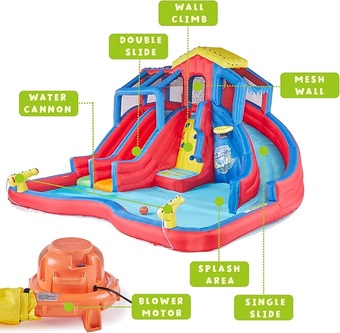 Banzai Hydro Blast Inflatable Backyard Water Slide Park for Ages 5+, Blue/Red – Outdoor Bouncy Play with Wall Climbing, Basketball Hoop, Cannons, and Lagoon Pool