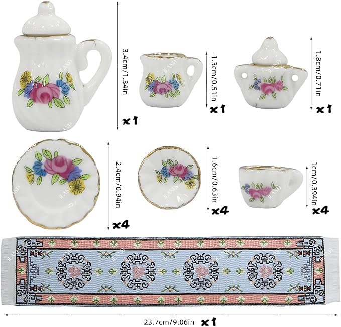 iLAND 1/6 Scale Accessories Mini Tea Set Miniature Porcelain 16pcs Set w/Table Runner Elf Accessories Cute Miniature Dollhouse Décor Fit 12 inch Dolls Action Figure Elegant Gilded Rosette