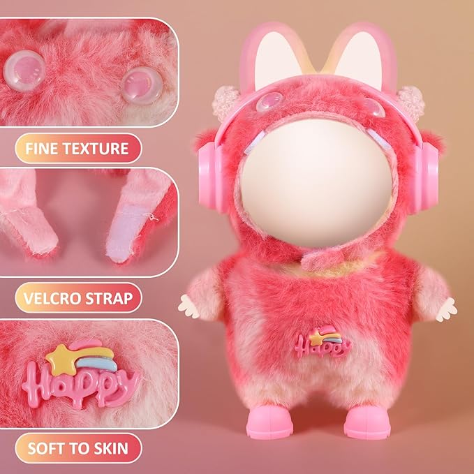 17cm Doll Clothes Set for Labubu Dress Up,Cute Outfit ,4 Piece Hat Overalls Headphones Shoes Dolls Clothing Accessories(NO Doll) (Red)