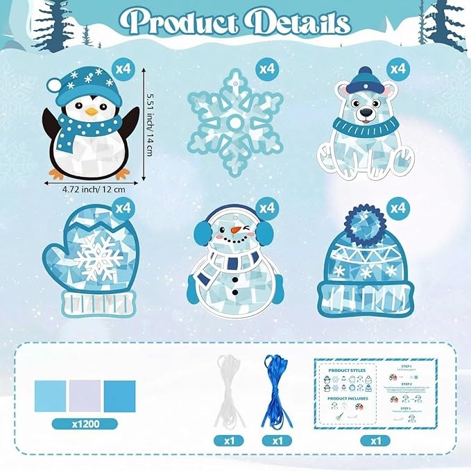 Feifeiya 24 Set Winter Suncatchers Crafts DIY Window Tissue Paper Suncatchers Winter Craft Make Your Own Hanging Ornaments for Christmas Holiday School Party Activities Art Projects