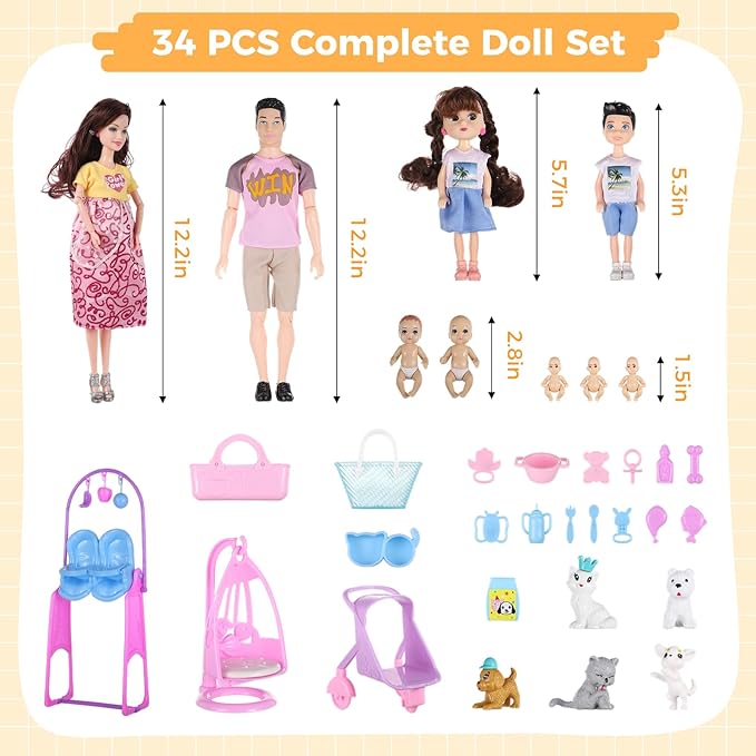 Pregnant Doll with Baby in Tummy, 34PCS Family Dolls Set of 6 People with Pets Included Dad Pregnant Mom 2 Kids Baby Boy and Infants Pregnant Doll Accessories for Aged 3-12 Girls Boys Gift