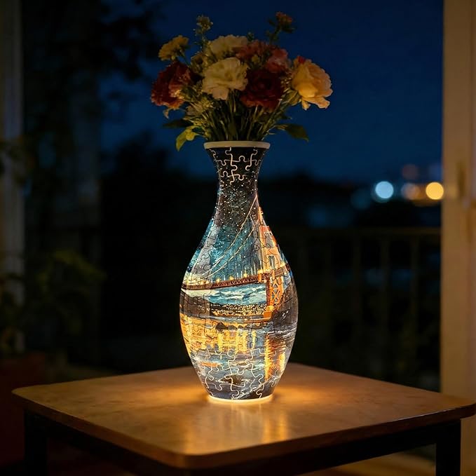 3D Puzzles Vase for Adults, Crafts for Adults, 160 Pieces Plastic DIY Unique Flower Vase with LED Light House Warming Gift Birthday Gifts for Flower Arrangements and Home Decor (Bridge)