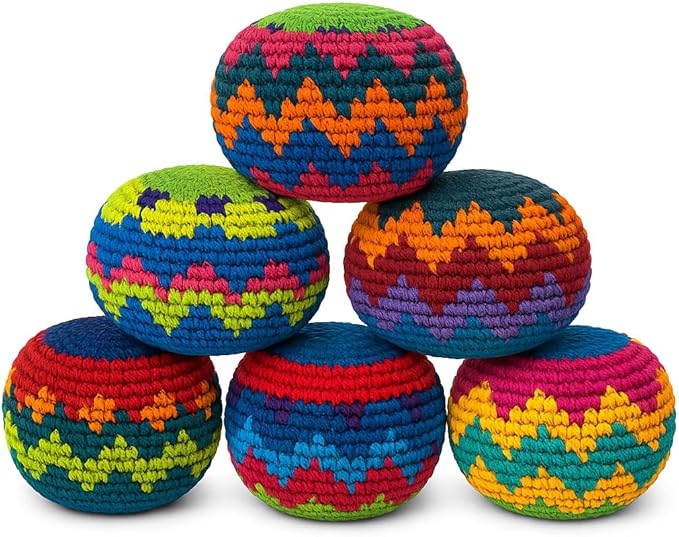 Funny Guy Mugs Hacky Kick Ball Sacks, Multicolored Crochet Assorted Geometric Pattern Hacky Ball, Foot Bag Kick Sack, Indoor and Outdoor Toys for Kids and Adults, Set of 6