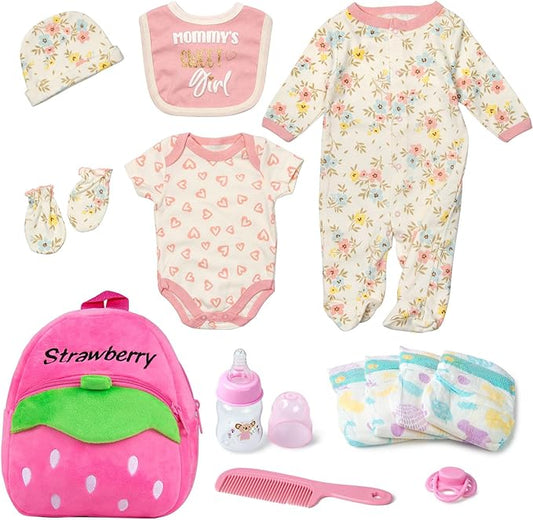 17-22 Inch Reborn Baby Doll Clothes with Backpack Accessories Set 13 Pcs Set, Realistic Baby Doll Outfit Floral Patterns Pink Diapers Bag for Kids