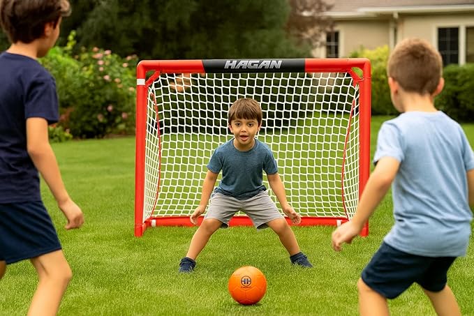 Hagan Hockey Mini Soccer Set – Complete Portable Field Game for Kids Boys Youth Adults, Includes 1 Durable Net, 1 Mini Soccer Ball, Carry Bag, and 4 Ground Pegs for Secure Outdoor Play
