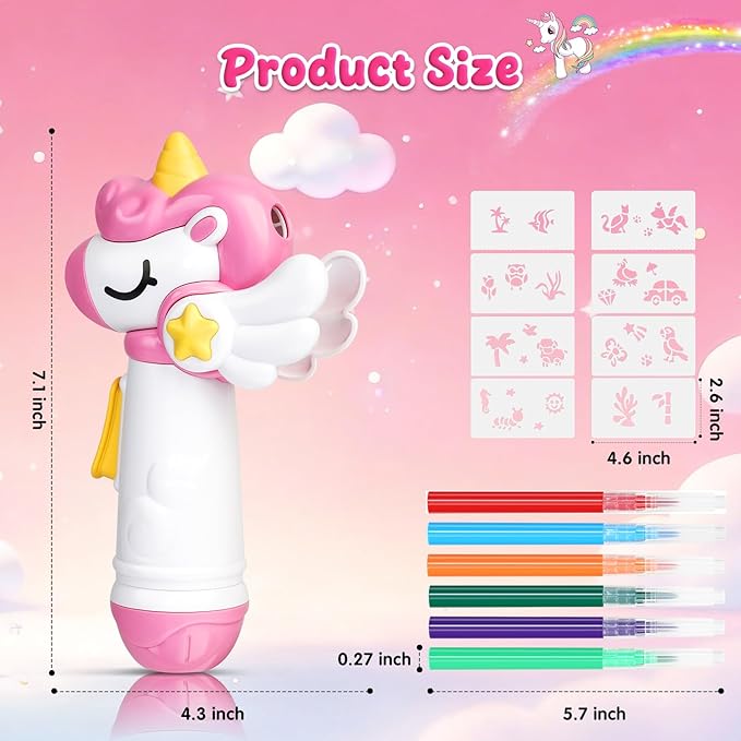 Unicorn Marker Airbrush Spray Art Kit, Art Supplies for Kids Ages 8-12, Unicorn Toys for Girls Age 4-6, Craft Kits Paint with 5 Washable Markers&8 Stencils, Birthday Holiday Easter for Kids, Girls