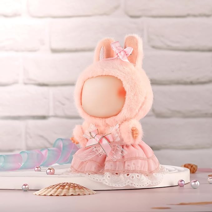 Doll Clothes for Labubu 17cm Have a Seat & Exciting Macaron & Big into Energy Series Dolls, Adorable Chic Dress Set for 17cm Dolls Accessories (Pink Skirt + Hairband)