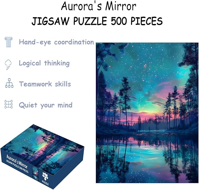 Puzzles for Adults 500 Pieces, Northern Lights Jigsaw Puzzles - Aurora's Mirror, Impossible Landscape Puzzle for Seniors Families,20.47x14.96 inches, 1:1 Poster, Letter on The Back