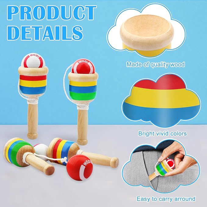 6 Packs Wooden Catch Ball, Retro Paddle Ball with String Toys for Kids & Adults, Hand Eye Coordination Cup and Ball Game for Outdoor Beach Lawn Party Favors, Family Fun & Education Supplies