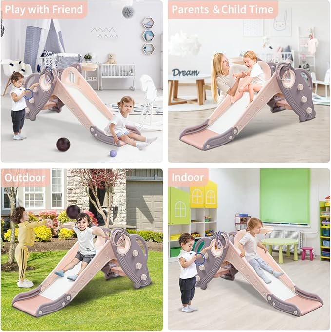 Onasti Kids Slide for Toddlers Age 1-3 Indoor Baby Plastic Slide Outdoor Climber Freestanding Playset with Basketball Hoop & Ring Game Pink