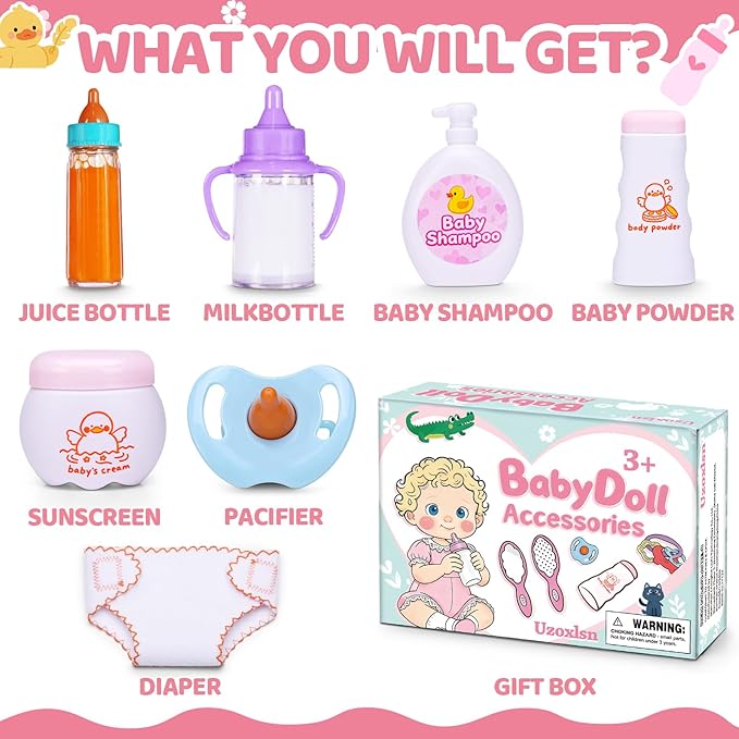 Baby Doll Accessories Set in Gift Box, 16 Pack Baby Doll Feeding Caring Kit with Pacifiers & Diaper Bag & Magic Bottles, Birthday / Christmas Party Goody Bag Stuffer, Toddler Kid Girl Pretend Play Toy
