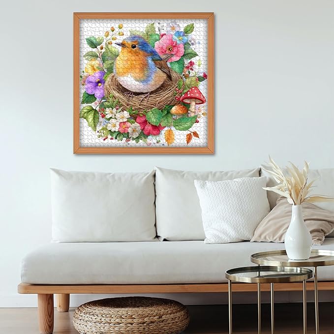 Robin Bird Puzzles for Adults 1000 Pieces, Flowers Garden Puzzles Mushrooms Floral, Nature Spring Bird Jigsaw Puzzle Painting