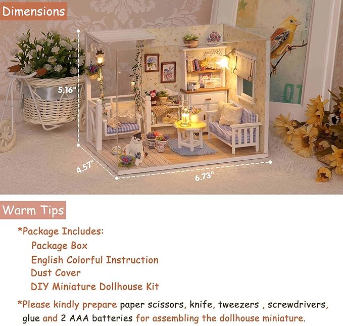 TuKIIE DIY Miniature Dollhouse Kit with Furniture, 1:24 Scale Creative Room Mini Wooden Doll House Accessories Plus Dust Proof for Kids Teens Adults(Kitten Diary)