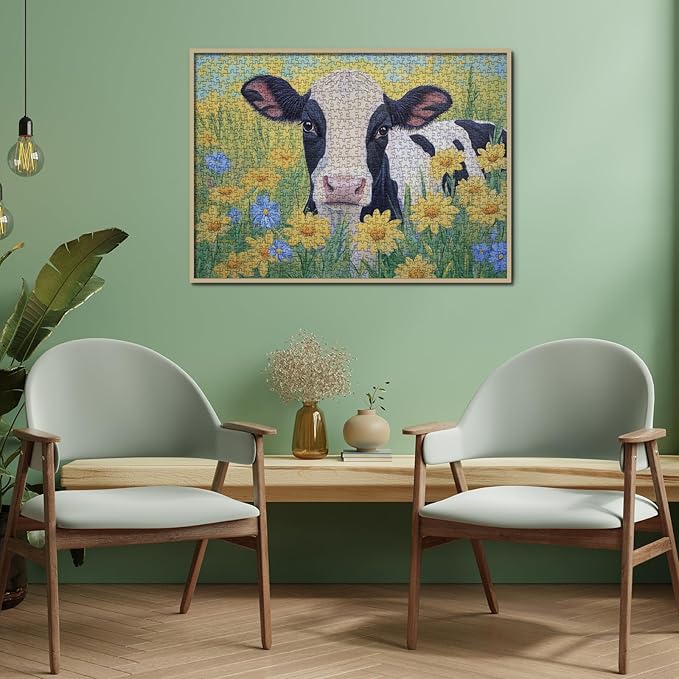 Sunflower Cow Painting Jigsaw Puzzle 1000 Piece for Adult, Animal Flower Plant Nature Jigsaw Puzzles, Funny Art Beautiful Landscape Puzzle
