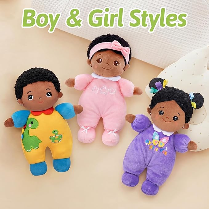 OUOZZZ Black Boy Baby Doll 10" - First Birthday Toys for 1 Year Old Boy, Ideal 1 Year Old Boy Gifts & Baby Boy Gifts, Snuggle Buddy for Infants Dinosaur Toy