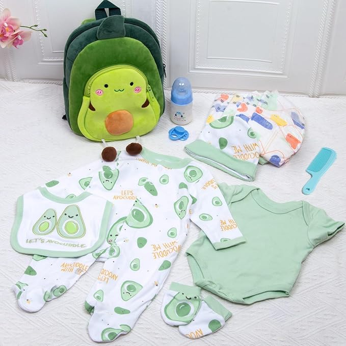 13 Pcs Reborn Baby Doll Clothes Boy Green Outfits Accessories for 17-22 Inch Reborn Doll Clothes Newborn Baby Accessories Set with Avocado Backpack