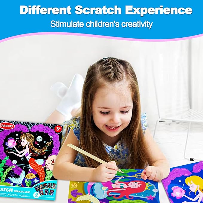 JUNQIU Scratch Art for Kids, Mermaid Black Rainbow Scratch Art Paper Set-Arts and Crafts Kits & Supplies, Mermaid Toys Gifts for Toddlers Girls Birthday Christmas