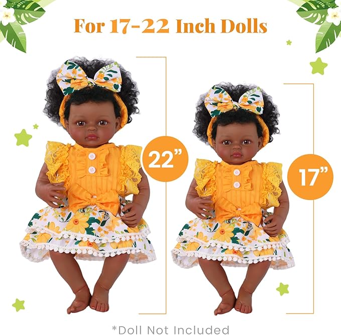 BABESIDE Reborn Baby Doll Clothes for 17-22 Inch Dolls – Yellow Sunflower Outfit with Headband – Soft Dress Up Baby Doll Accessories for Girls’ Pretend Play
