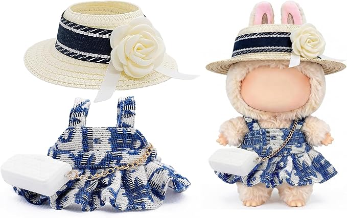 Clothes for 17cm Dolls, Luxury Chic Style Set High-End Fashion Outfit 3 Piece Set Including a Hat,Clothes and Bag with Premium Dolls Accessories for Play & Display (Blue) - No Logo