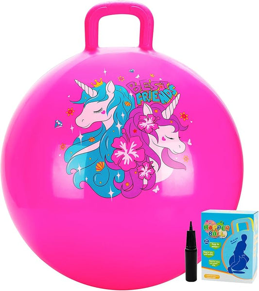 U&C Planet Hopper Ball 18 inches Bouncy Ball with Handle for Kids Age 3-6, Sit on Bounce Jumping Hopping Toy with Pump, Great Toddler Girls Toys for Birthday Gifts, Pink Unicorn