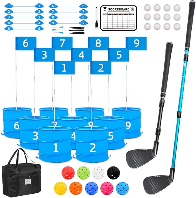 Golf Game with 2 Upgraded Golf Retractable Club,Practice Golfgame with 9 Buckets, Gift GolfOutdoor for Family and Adults,Holes Outdoor Game for Lawn,Yard