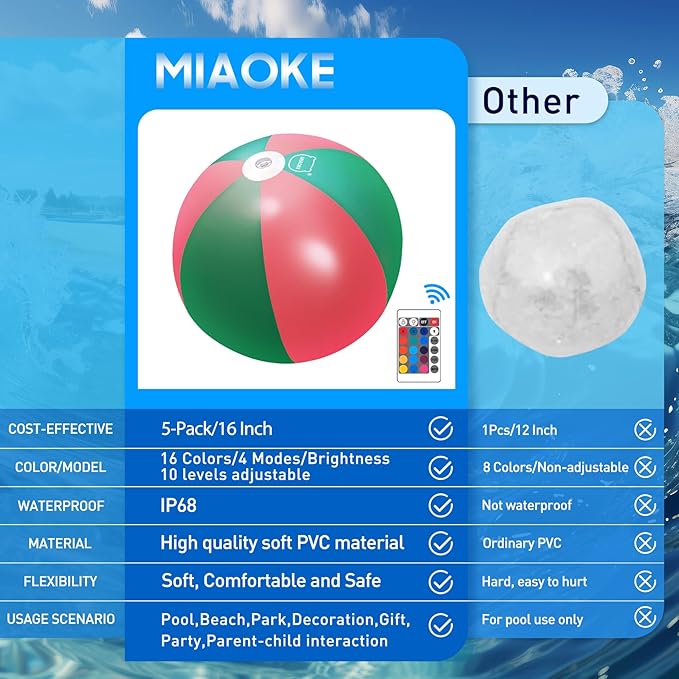 MIAOKE Funny and Playful Pool Toys 16 Inch 5 Pack- 16 Lighting and 4 Modes LED Beach Ball with Remote Control,Suitable for Pool Games Night Summer Pool Party,Outdoor Everybody Family Games, Green