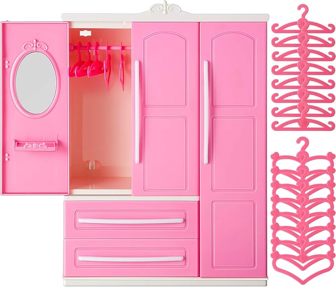 Doll Closet Furniture Wardrobe Clothing Organizer Doll Open Wardrobe Dollhouse Closet with 20 Pieces Hangers 2 Style Pink Plastic Hangers Dollhouse Furniture Accessories(Classic Style)